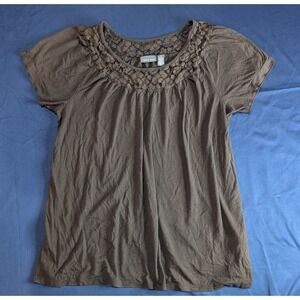 Apt. 9 Stretch Brown Lace Neck Short Sleeve Casual‎ Top